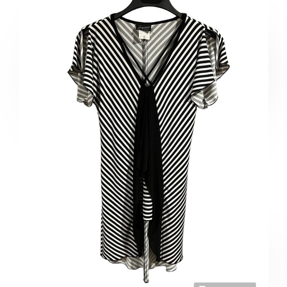 Vintage 70’s Crystal Black White Stripe Open Shoulder Mini Dress XS Flapper Goth - Picture 1 of 6